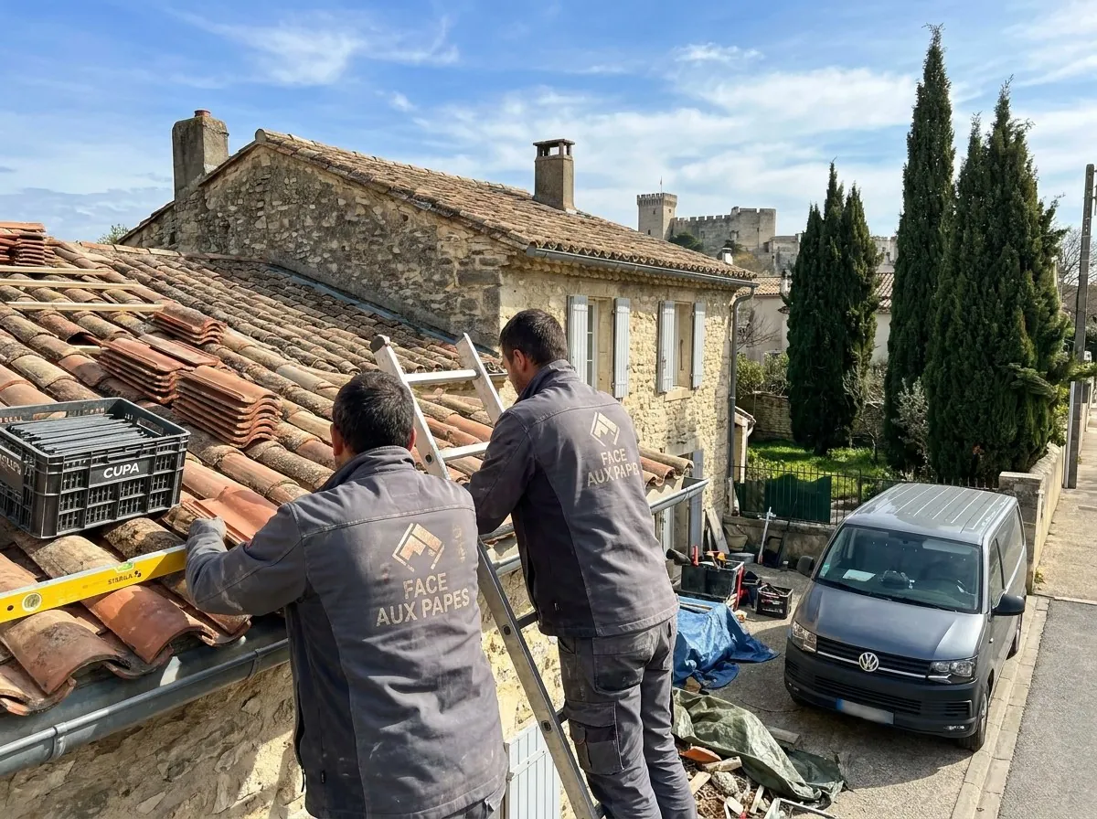 Couvreurs de Face aux Papes Toitures révisant une toiture en tuiles canal à Villeneuve-lès-Avignon, fort Saint-André et cyprès au fond