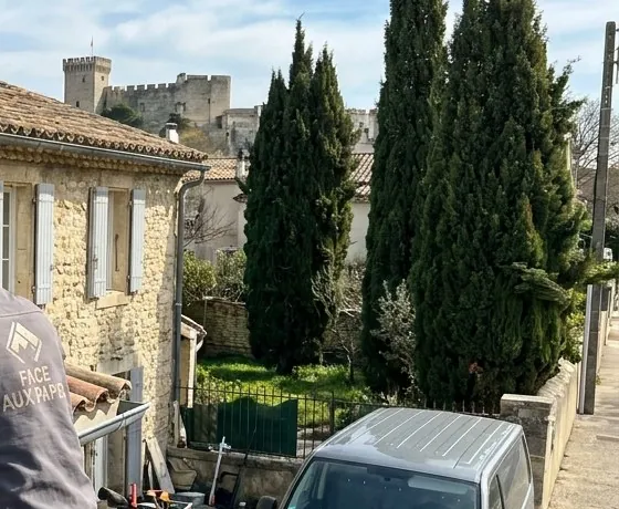 Fort Saint-André et cyprès au-dessus des toits de Villeneuve-lès-Avignon, vus depuis un chantier de couverture