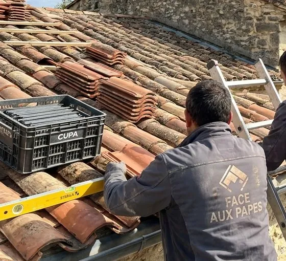 Couvreur Face aux Papes déposant des tuiles canal anciennes pour les reposer en couvert sur une maison de Villeneuve-lès-Avignon